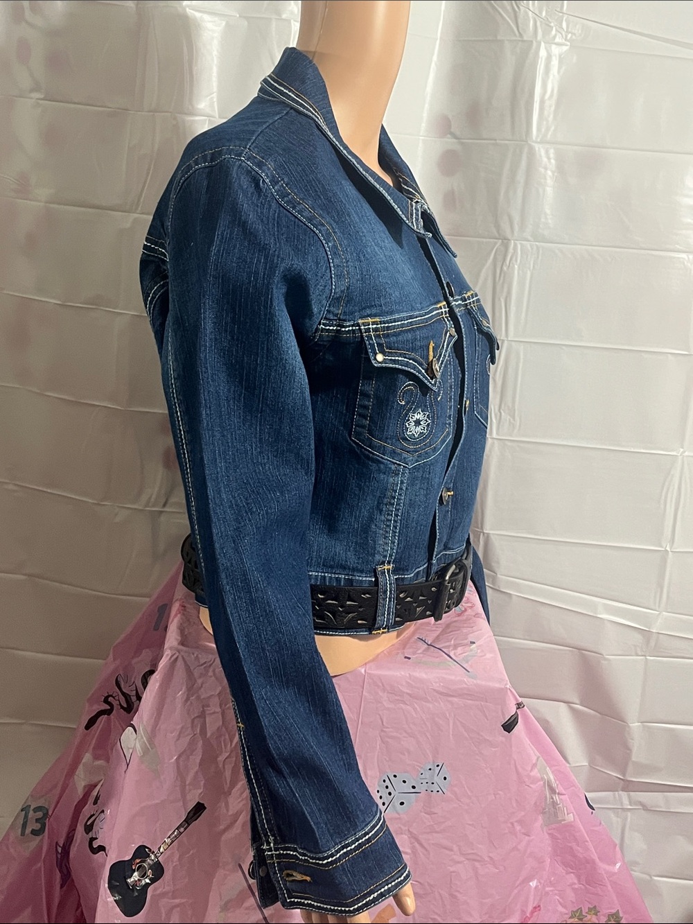 Indulgence Dark Blue Denim Jacket with Gold-Tone Logo Button - Picture 7 of 15